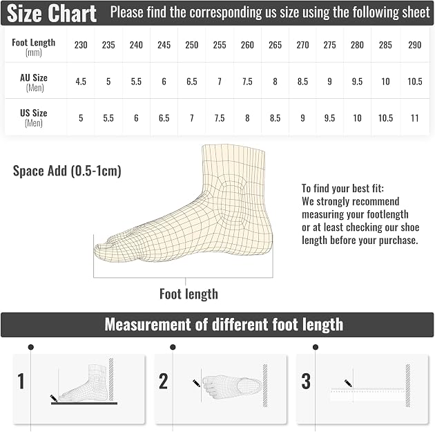 Size chart for steel toe cap safety shoes — AU and US mens sizing guide with foot length measurement instructions