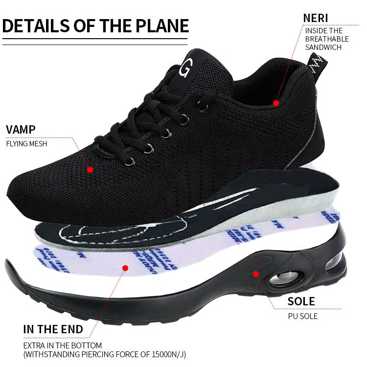 Black safety sneakers side view showing breathable mesh upper and air cushion sole