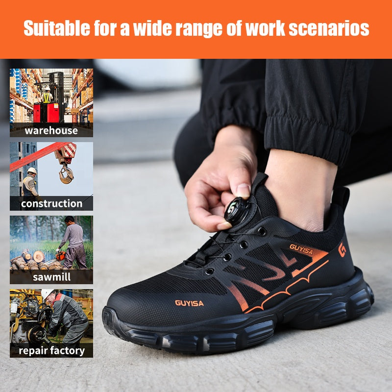Rotating buckle lazy shoelace detail on work safety shoe
