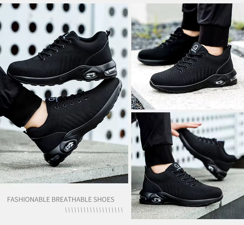 Black safety sneakers multi-angle view — fashionable breathable work shoes for men and women