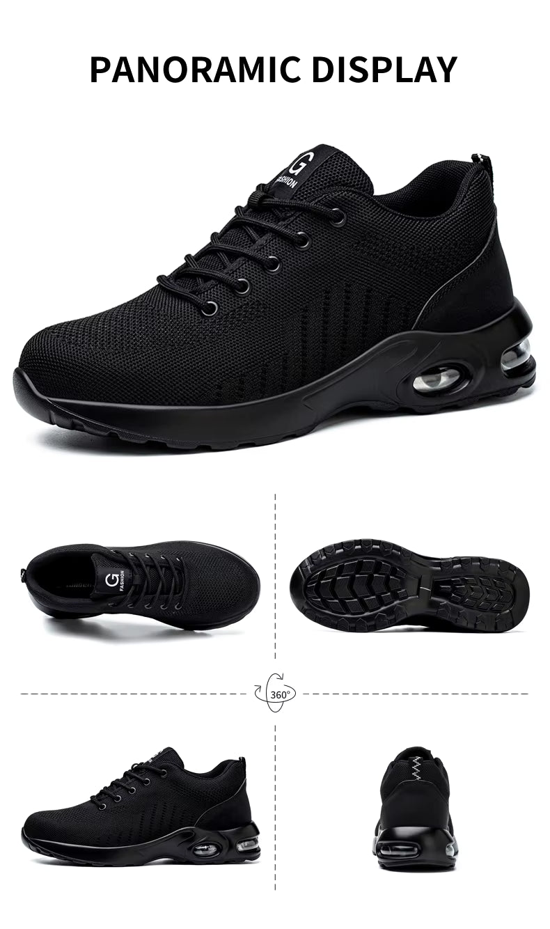 Steel toe safety sneakers 360 panoramic view — lightweight design with air cushion and non-slip sole