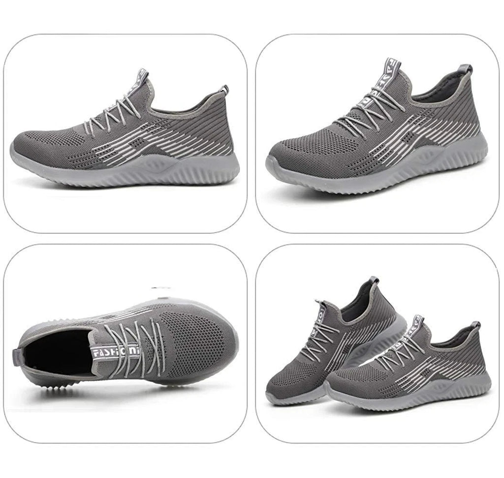 Grey steel toe cap safety shoes — four-angle product view including sole, side, front and pair shot