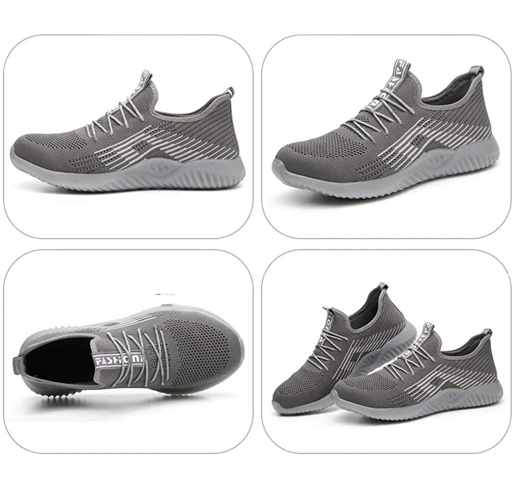 Grey steel toe cap safety shoes — four-angle product view including sole, side, front and pair shot