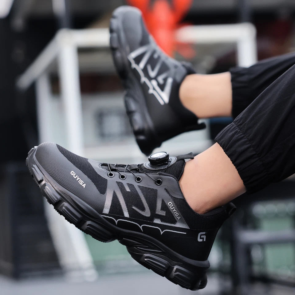 Steel toe work shoe in black-grey - side profile
