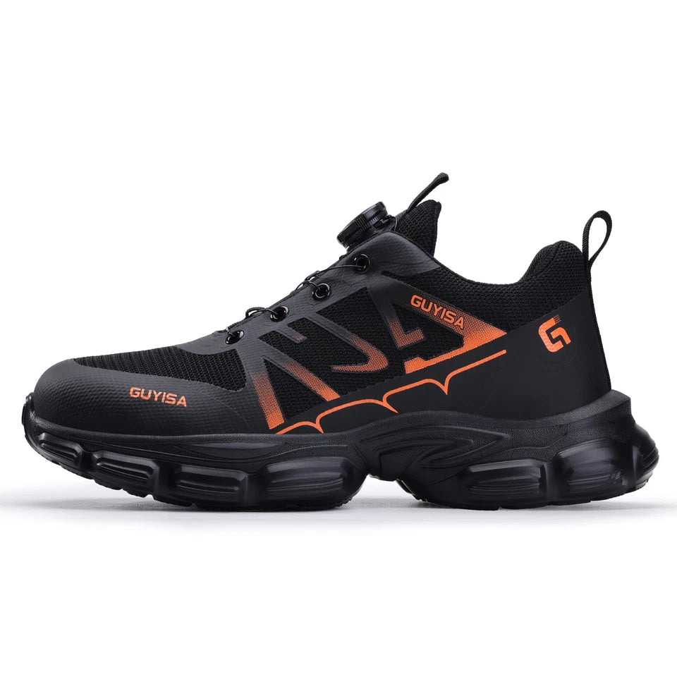 Steel toe cap safety sneaker in black-orange - side view
