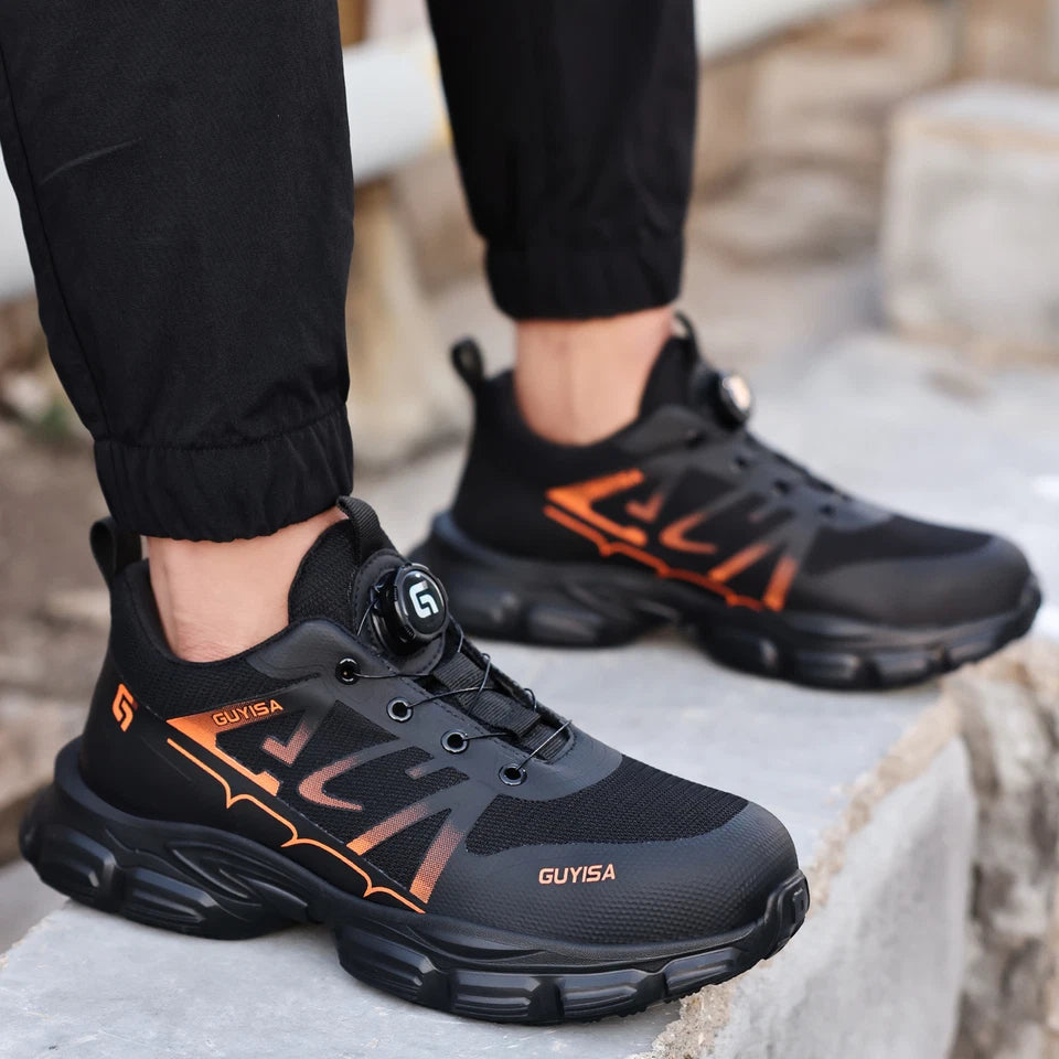 Steel toe safety sneaker worn on foot - black-orange
